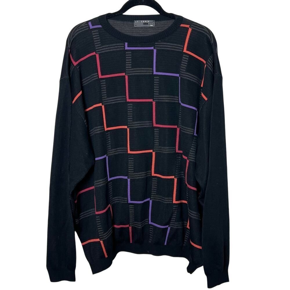St. Croix Vintage Men's Abstract Grandpa Crew Neck Sweater Black Sz XXL